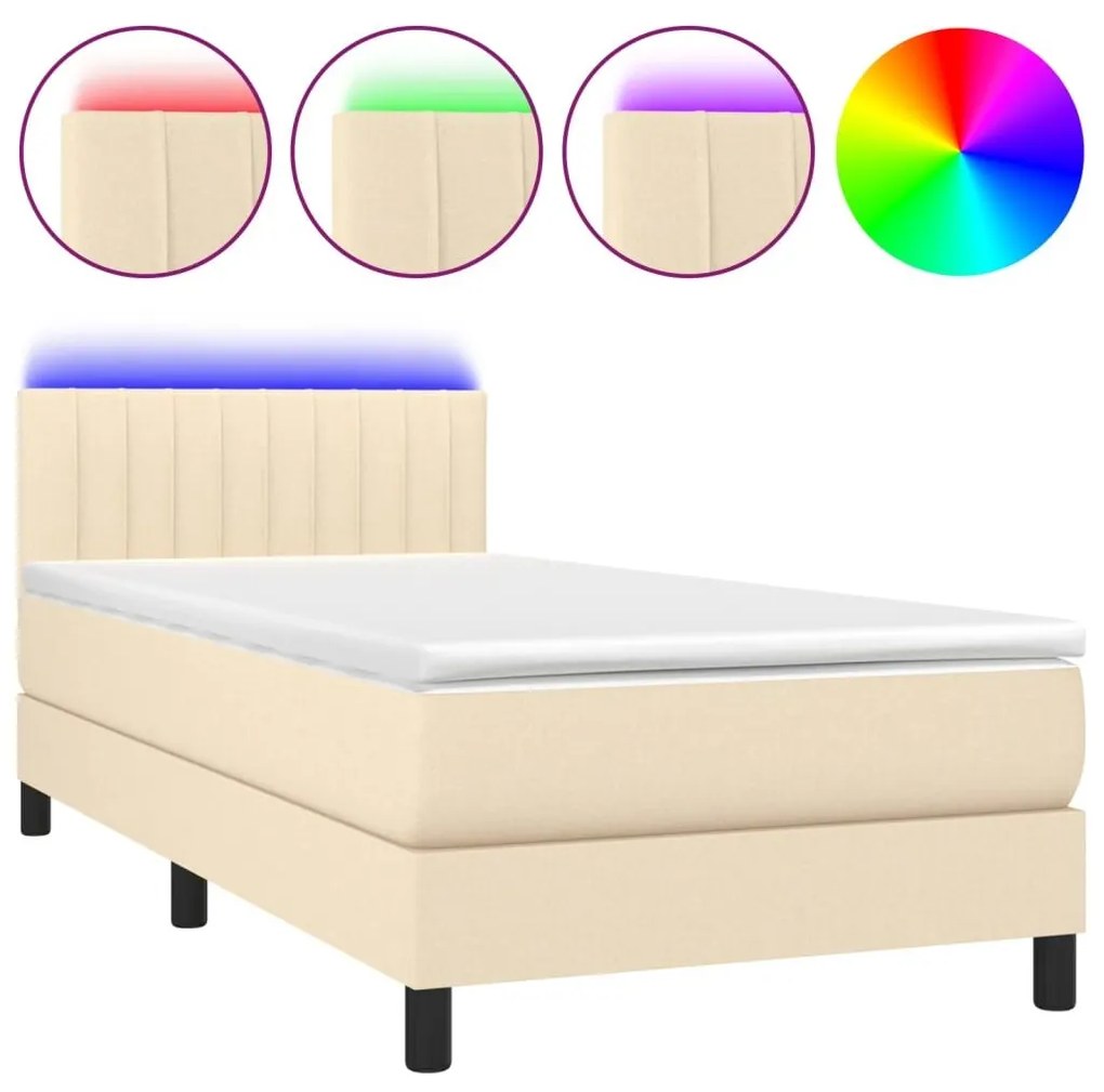 Κρεβάτι Boxspring με Στρώμα &amp; LED Κρεμ 90x200 εκ. Υφασμάτινο - Κρεμ