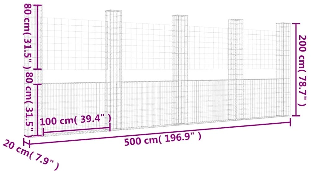 vidaXL Συρματοκιβώτιο σε U Σχήμα με 5 Στύλους 500x20x200 εκ Σιδερένιο