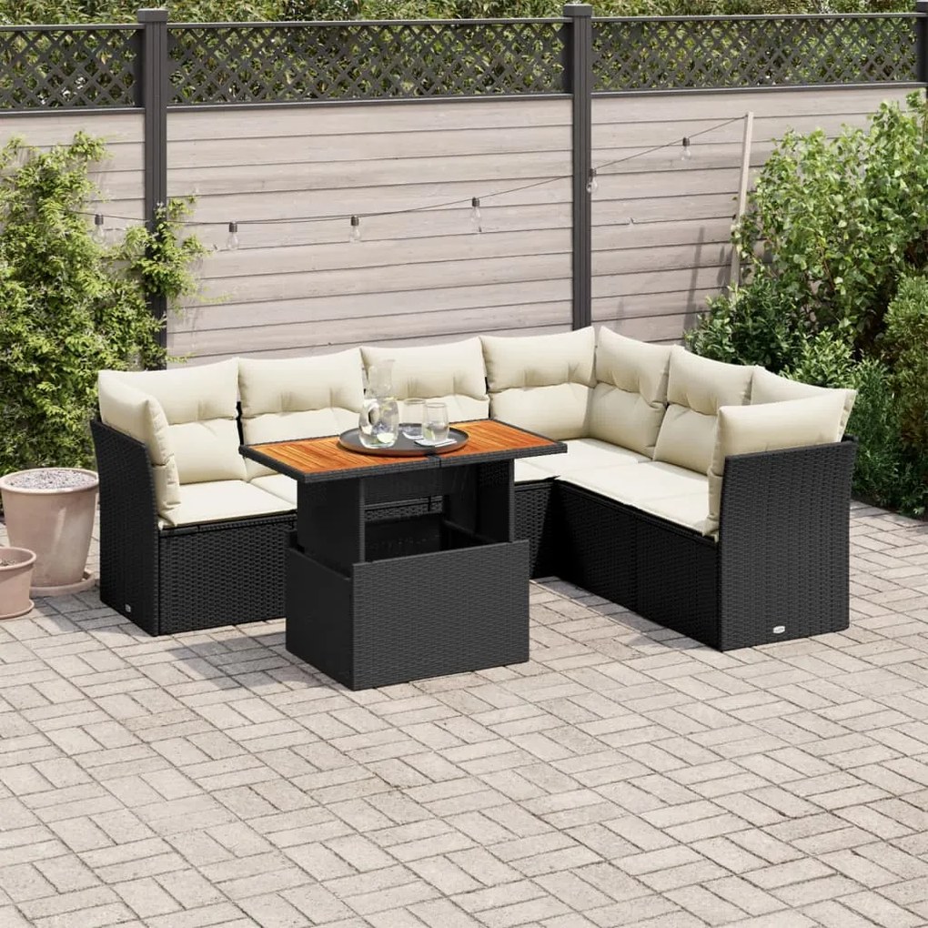 Καναπές Σετ 7 Τεμαχίων Μαύρο Συνθετικό Ρατάν με Μαξιλάρια