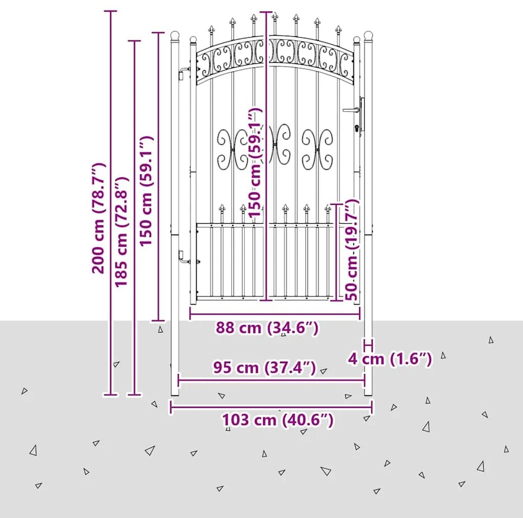 vidaXL Πύλη Φράχτη με Στρογγυλή Κορυφή Γκρι 103 x 200 cm Ατσάλι