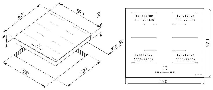 Εστία επαγωγική Pyramis Αφής χωρίς Πλαίσιο PHI63432FMB 59x52x6 εκ.