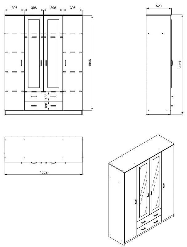 Ντουλάπα Hana 4Κ2FO Γκρί Δρύς 160x52x205 εκ. 160x52x205 εκ.