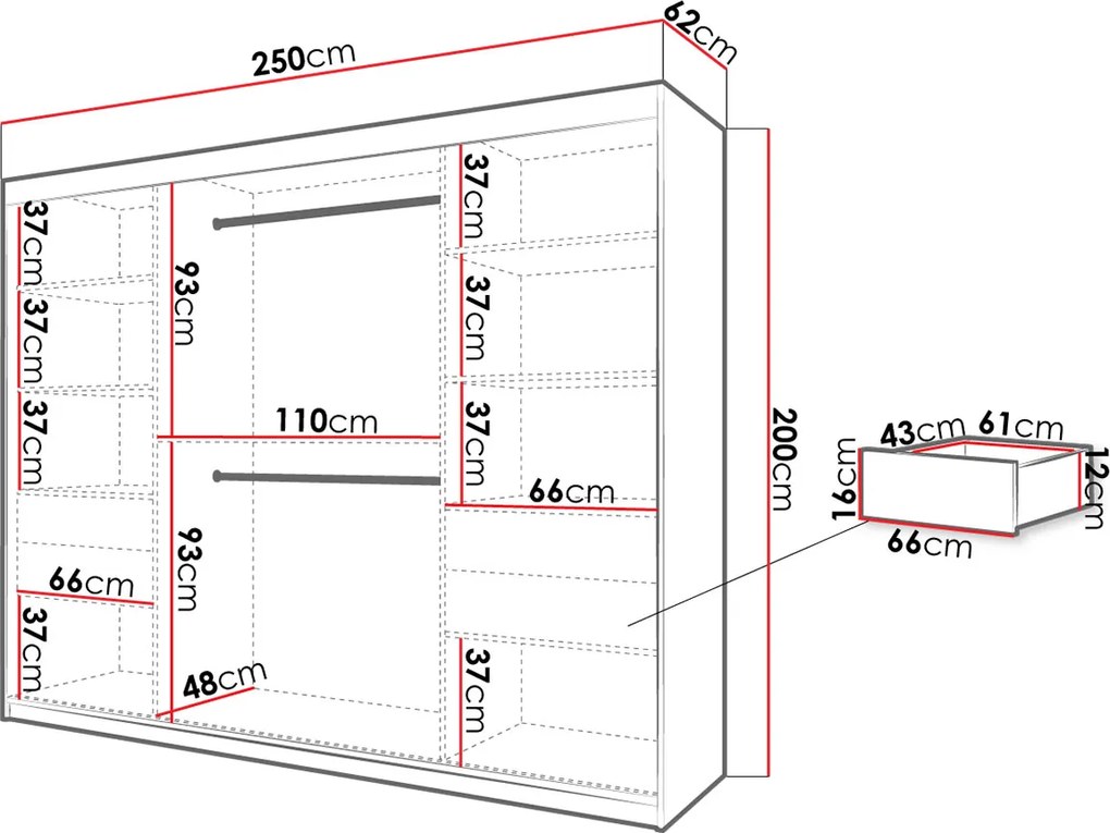 Ντουλάπα συρόμενη Jodelka με καθρέφτη-Leuko-Mauro-Μήκος: 250 εκ.