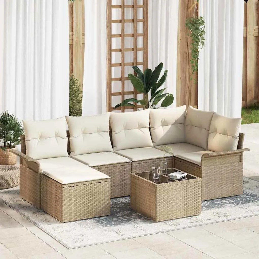 vidaXL Σετ Καναπέ Κήπου με μαξιλάρι 7 pcs Μπεζ Πολυ ράταν