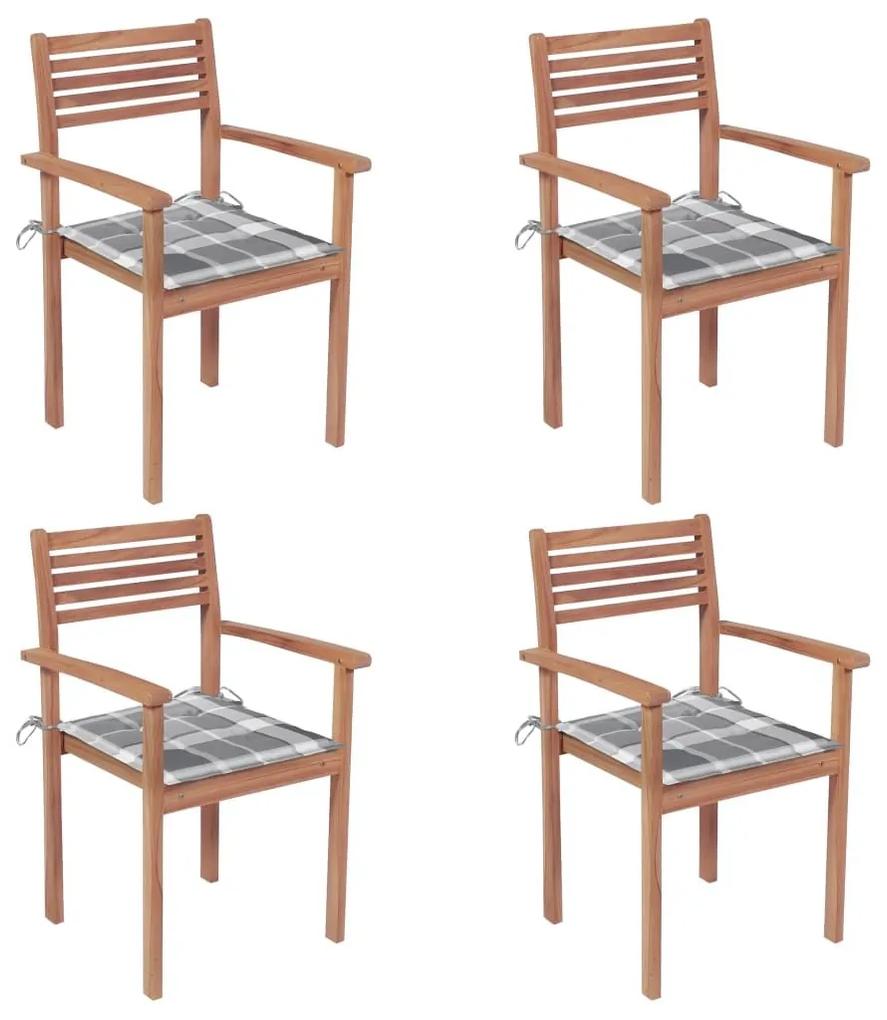 Καρέκλες Κήπου 4 τεμ. Μασίφ Ξύλο Teak με Γκρι Καρό Μαξιλάρια - Καφέ