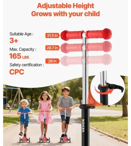VEVOR Kick Scooter for Kids Ages 3+, 3-Wheel Toddler Scooter with Light-Up Wheels, Adjustable Height Handlebar, Wide Anti-Slip Deck, Lightweight Aluminum Frame for Boys and Girls up to 74.8 kg, Red