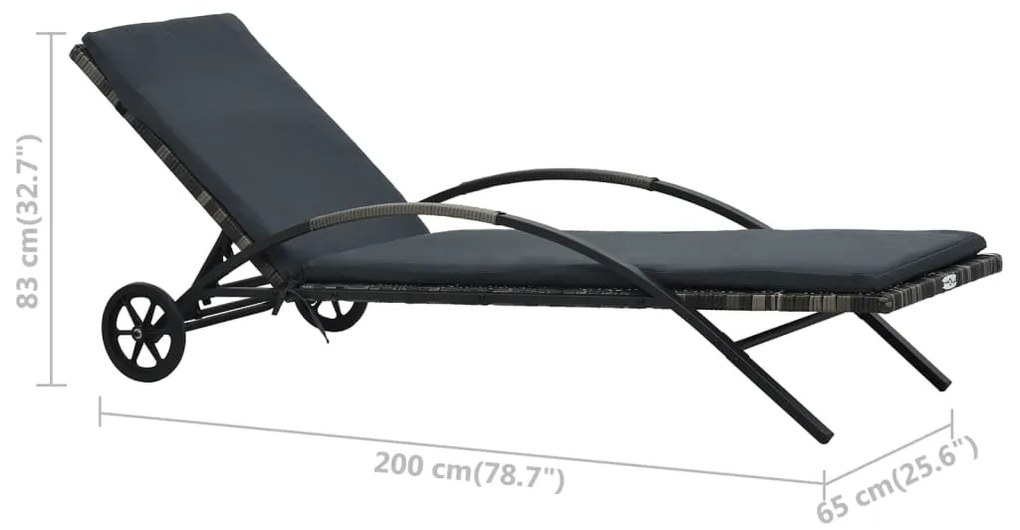 vidaXL Ξαπλώστρα Ανθρακί από Συνθετικό Ρατάν με Μαξιλάρι και Ρόδες