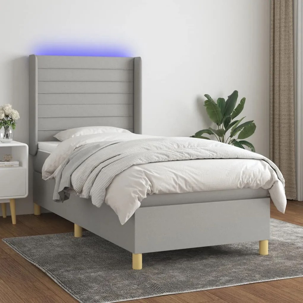 Κρεβάτι Boxspring με Στρώμα &amp; LED Αν.Γκρι 90x200 εκ. Υφασμάτινο