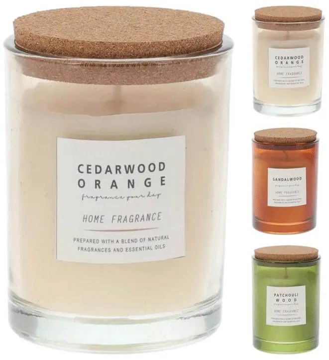 Αρωματικό Κερί CC5062600 Σε Decorated γυάλινο δοχείο με καπάκι από φελλό, 8 x 10 cm, 200γρ, σε 3 επιλογές σχεδίου και αρώματος ivory cedar wood orange