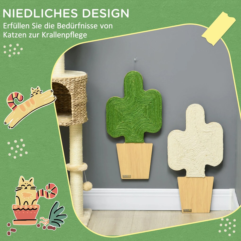 PawHut Σετ 2 Τροχιστές Κορμούς για Γάτες, Σχέδιο Κάκτου για Επιτοίχια Τοποθέτηση, 30 cm x 60 cm, Δρυς+Λευκό+Πράσινο