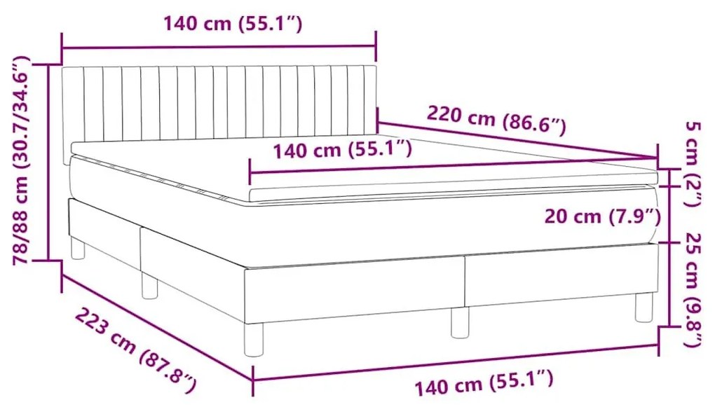 Κρεβάτι Boxspring με Στρώμα Ανοιχτό Γκρι 140x220 εκ. Βελούδινο - Γκρι