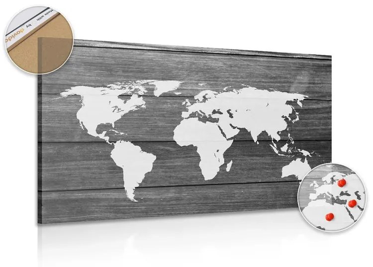 Εικόνα ενός ασπρόμαυρου παγκόσμιου χάρτη φελλού με ξύλινο φόντο - 120x80  place