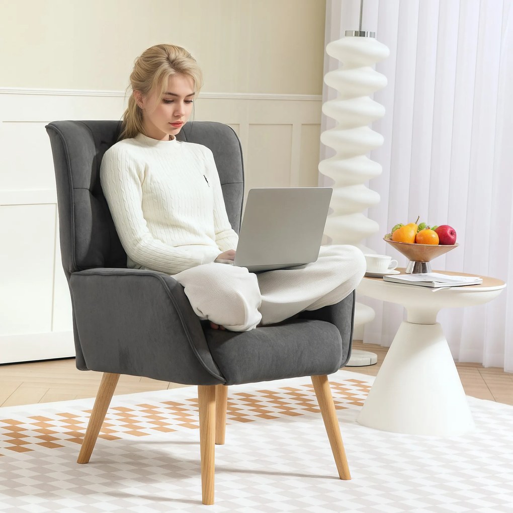 HOMCOM Πολυθρόνα, Πολυθρόνα Σαλονιού με Καπιτονέ, Μαλακό Κάλυμμα σε Υφή Βελούδου, έως 120 kg, Γκρι