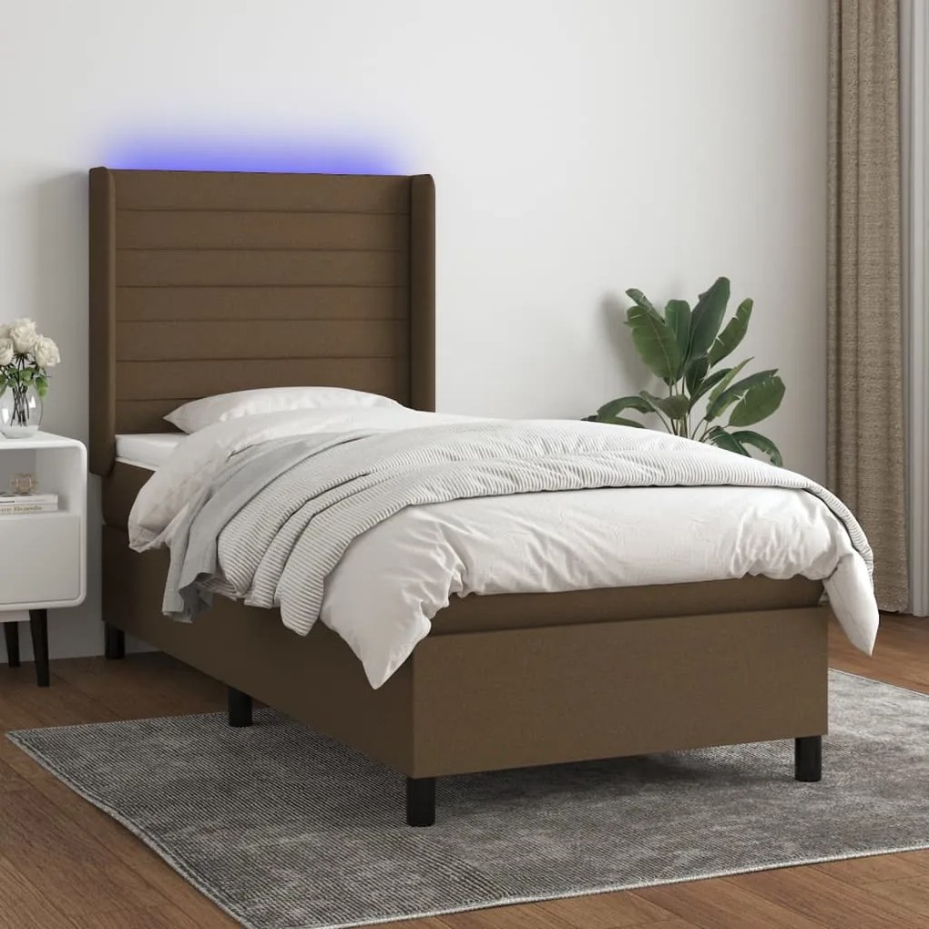 vidaXL Κρεβάτι Boxspring με Στρώμα &amp; LED Σκ.Καφέ 90x200 εκ. Υφασμάτινο