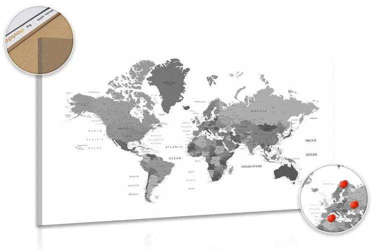 Εικόνα στον παγκόσμιο χάρτη φελλού σε μαύρο & άσπρο - 120x80  wooden