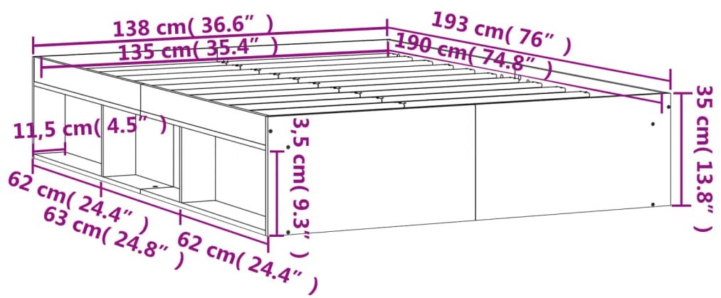 Πλαίσιο Κρεβατιού Γκρι Sonoma 135 x 190 εκ. Double - Γκρι