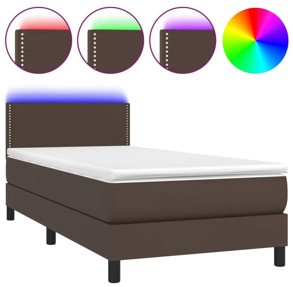 vidaXL Κρεβάτι Boxspring με Στρώμα & LED Καφέ 100x200 εκ. Συνθ. Δέρμα