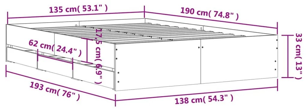 Πλαίσιο Κρεβατιού με συρτάρια Γκρι sonoma 135x190εκ. Επεξ. Ξύλο - Γκρι