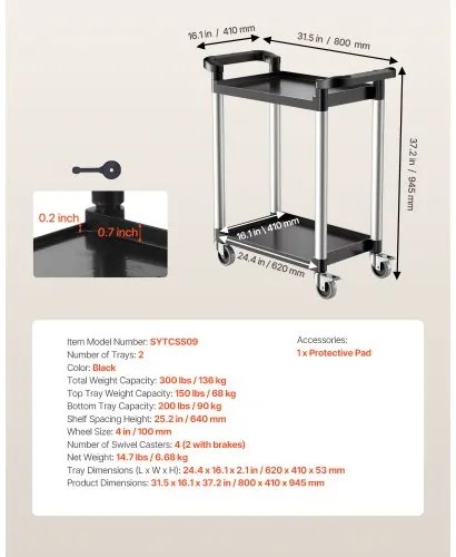 VEVOR Heavy Duty Utility Cart 300 lbs Capacity 2-tier Service Cart with Wheels