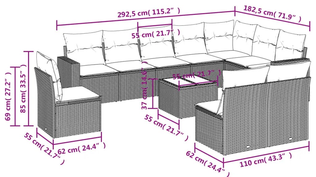 vidaXL Σαλόνι Κήπου Σετ 11 Τεμαχίων Μαύρο Συνθετικό Ρατάν με Μαξιλάρια
