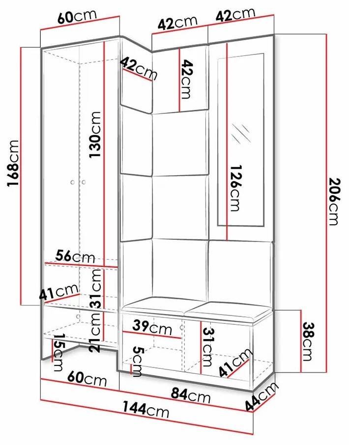 Σετ διαδρόμου Hartford 318, 206x144x44cm, 66 kg, Καθρέφτης, Artisan βελανιδιά, Μαύρο, Οικολογικό δέρμα, Πλαστικοποιημένη μοριοσανίδα, Εντοιχισμένη