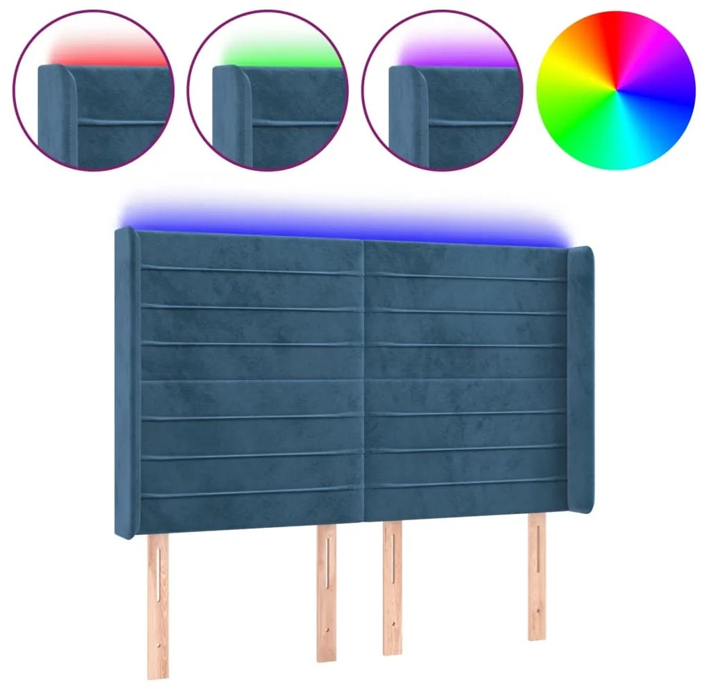vidaXL Κεφαλάρι Κρεβατιού LED Σκούρο Μπλε 147x16x118/128 εκ. Βελούδινο