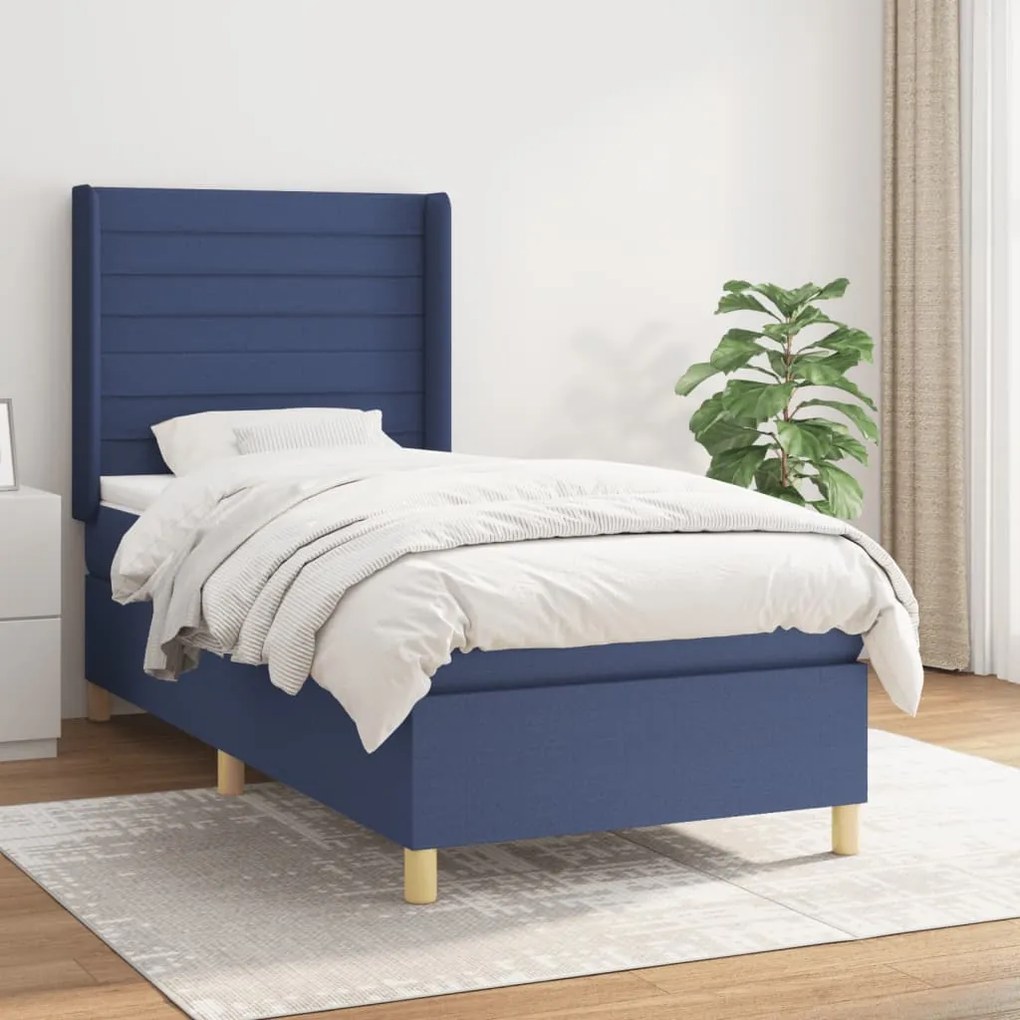 Κρεβάτι Boxspring με Στρώμα Μπλε 90x200 εκ.Υφασμάτινο