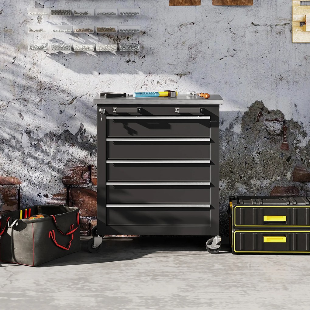 Εργαλειοθήκη HOMCOM με 5 συρτάρια, τροχήλατη εργαλειοθήκη, τρόλεϊ εργαλείων από ατσάλι, ασημί τόνος+Μαύρο