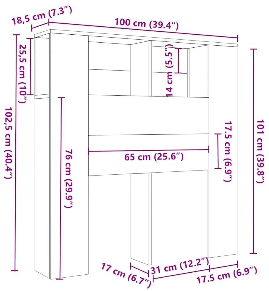 vidaXL Κεφαλάρι Με Αποθηκευτικό Χώρο Μαύρο 100 x 18,5 x 102,5 εκ.