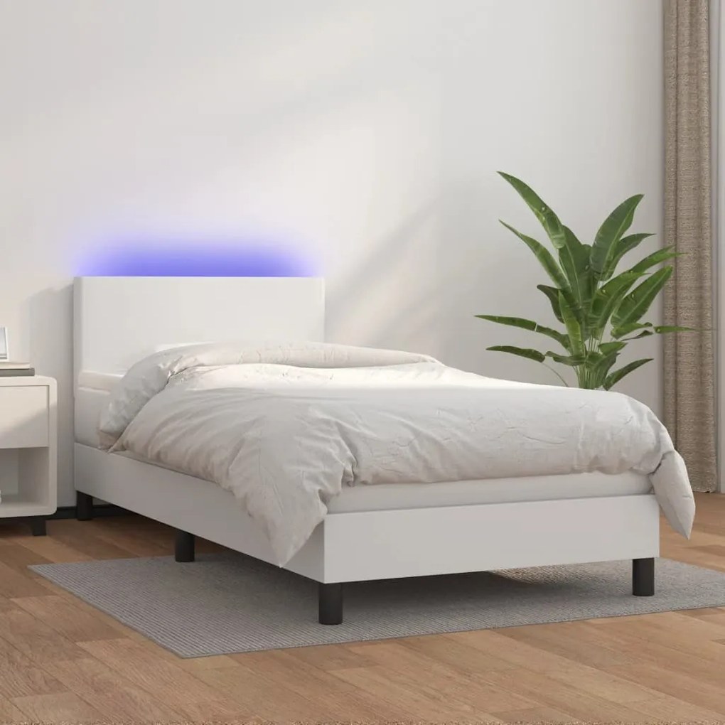 vidaXL Κρεβάτι Boxspring με Στρώμα & LED Λευκό 100x200 εκ. Συνθ. Δέρμα