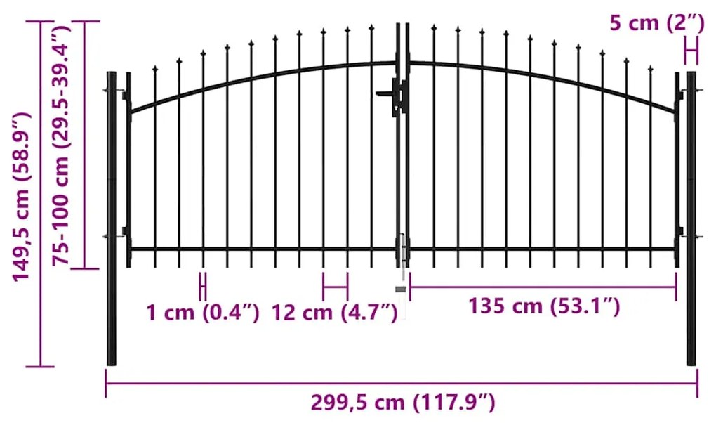 vidaXL Πόρτα Περίφραξης Διπλή με Λόγχες 300 x 150 εκ.