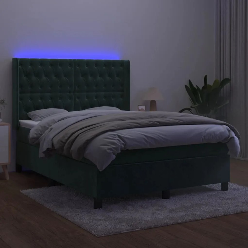 vidaXL Κρεβάτι Boxspring με Στρώμα & LED Σκ. Πράσινο 140x190εκ Βελούδο