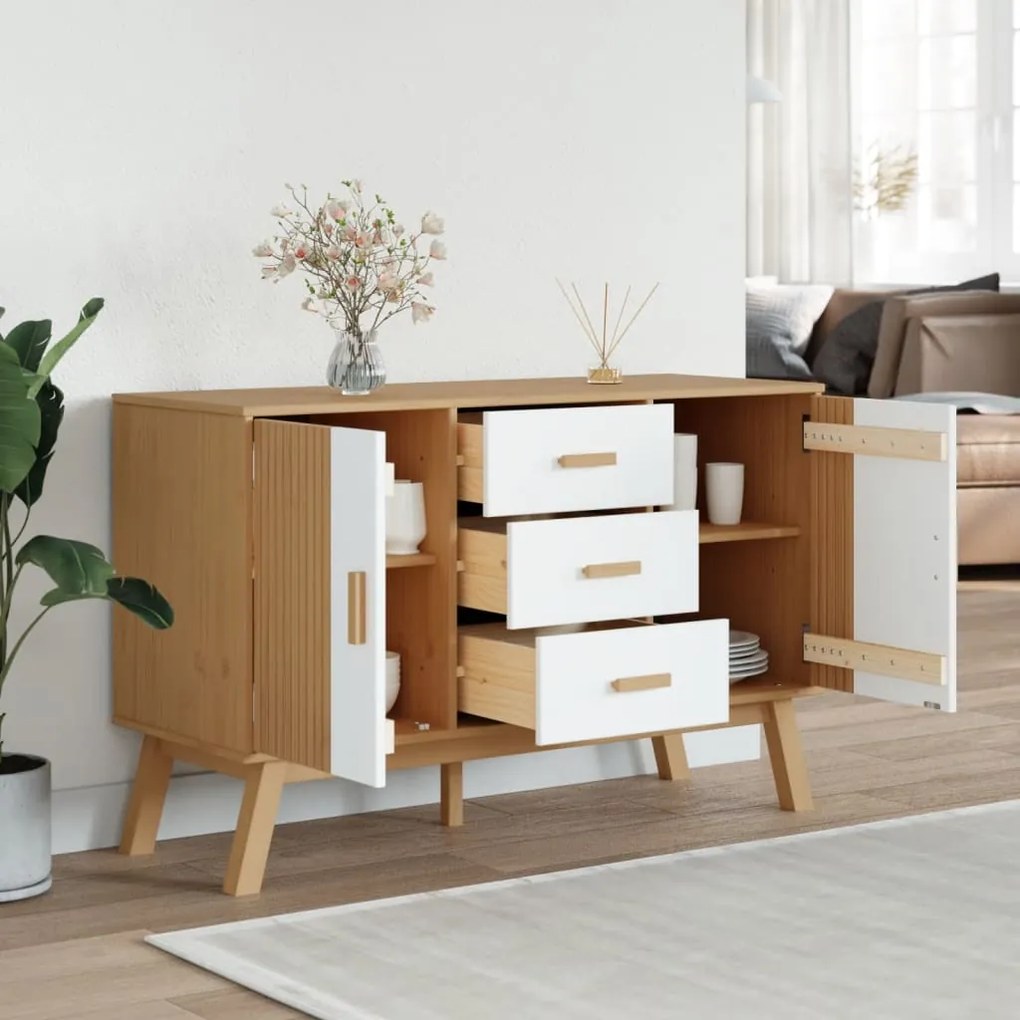 vidaXL Μπουφές OLDEN Λευκό &amp; Καφέ 114x43x73,5 εκ. Μασίφ Ξύλο Πεύκου
