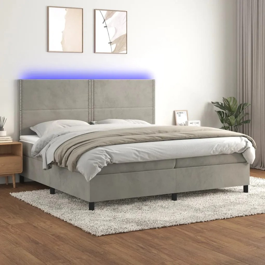 Κρεβάτι Boxspring με Στρώμα &amp; LED Αν.Γκρι 200x200 εκ. Βελούδινο - Γκρι