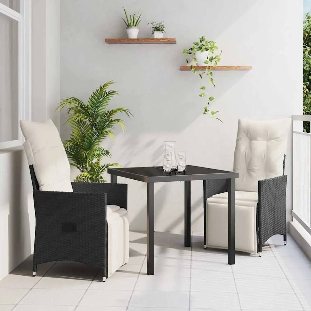 vidaXL Σέτ φαγητού για κήπο με μαξιλάρι 3 pcs Μαύρο Πολυ ράταν