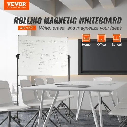 VEVOR Rolling Whiteboard, 48x32 inch Double-Sided Magnetic Mobile Whiteboard, 360° Reversible Adjustable Height Dry Erase Board with Wheels & Movable Tray for Office School