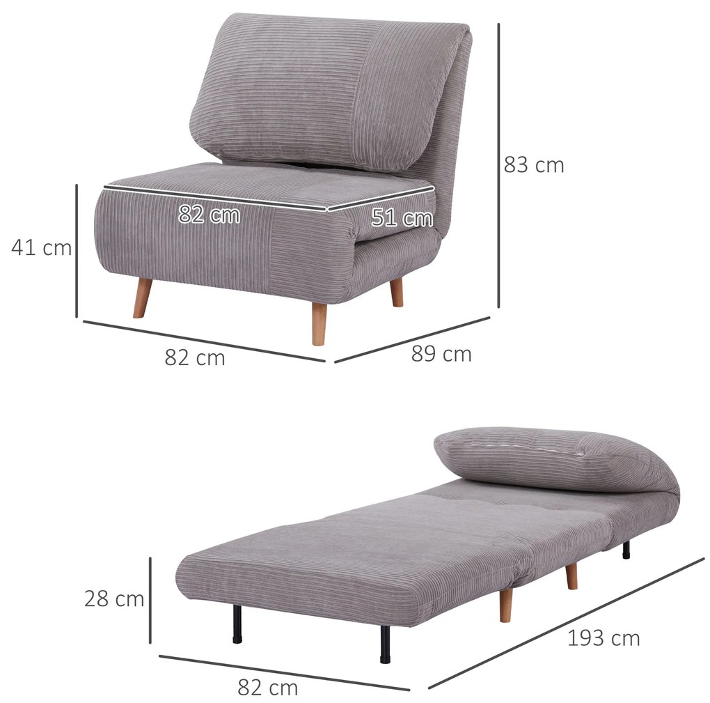 HOMCOM Πολυθρόνα-Κρεβάτι 2-σε-1, Καναπές-Κρεβάτι, έως 200 kg, Ρυθμιζόμενο προσκέφαλο, Υφή κοτλέ 82 cm x 89 cm x 83 cm Γκρι
