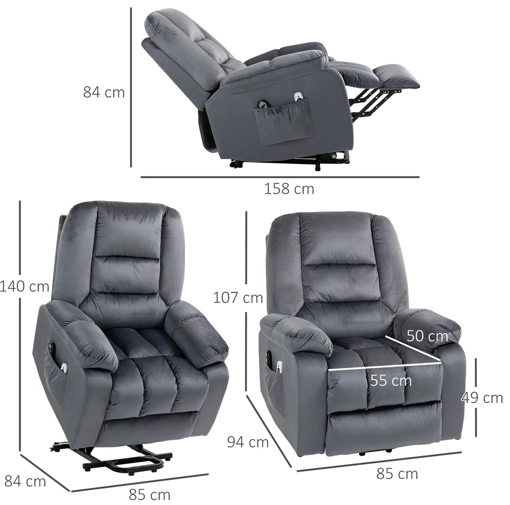 HOMCOM Πολυθρόνα μασάζ με υποβοήθηση ανύψωσης για ηλικιωμένους, 8 σημεία μασάζ, 2 πλαϊνές τσέπες, 85 cm x 94 cm x 107cm, γκρι