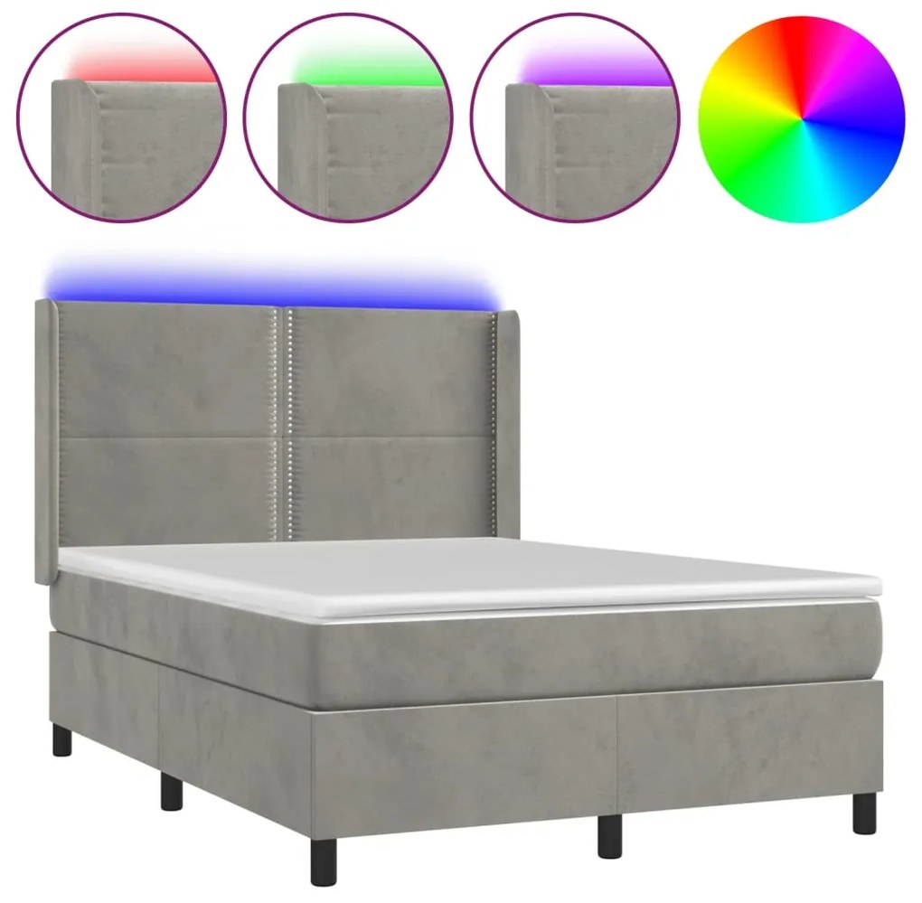 vidaXL Κρεβάτι Boxspring με Στρώμα&LED Αν. Γκρι 140x190 εκ. Βελούδινο