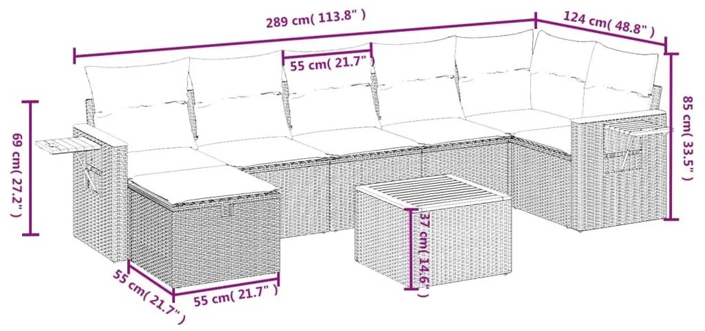 Σαλόνι Κήπου Σετ 8 Τεμαχίων Γκρι Συνθετικό Ρατάν με Μαξιλάρια - Γκρι