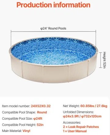 VEVOR Round Pool Liner 24ft Unibead Style Pool Liner 52in Wall Height