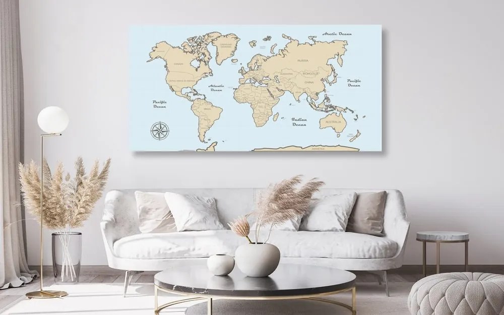 Εικόνα σε έναν παγκόσμιο χάρτη από φελλό μπεζ σε μπλε φόντο - 100x50  arrow