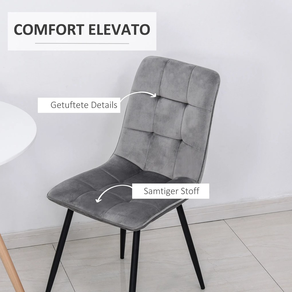 HOMCOM Σετ 2 καρεκλών τραπεζαρίας, επενδεδυμένη καρέκλα κουζίνας με όψη βελούδου, τραπέζι τραπεζαρίας βελούδο μέταλλο γκρι+μαύρο 45 x 63 x 90 cm