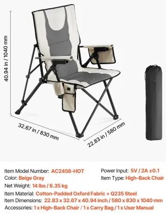 VEVOR Heated Camping Chair, 3 Heat Settings, High Back Folding Camping Chair, Supports 260lbs, Full Padded Beach Chairs with Armrest & Cupholder, Portable Lawn Chairs for Outdoor Sports Travel