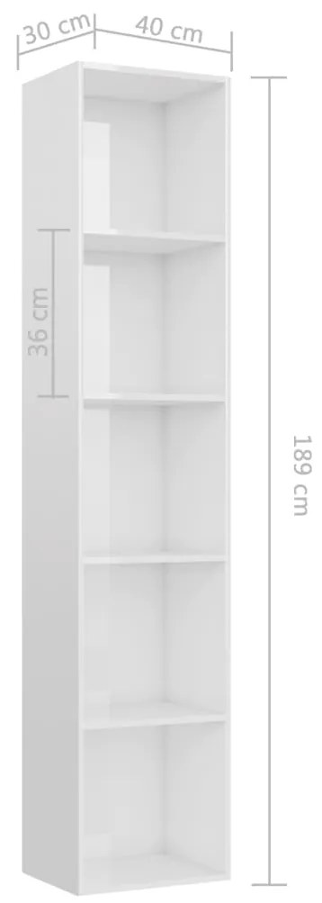 vidaXL Βιβλιοθήκη Γυαλιστερό Λευκό 40 x 30 x 189 εκ. από Επεξ. Ξύλο