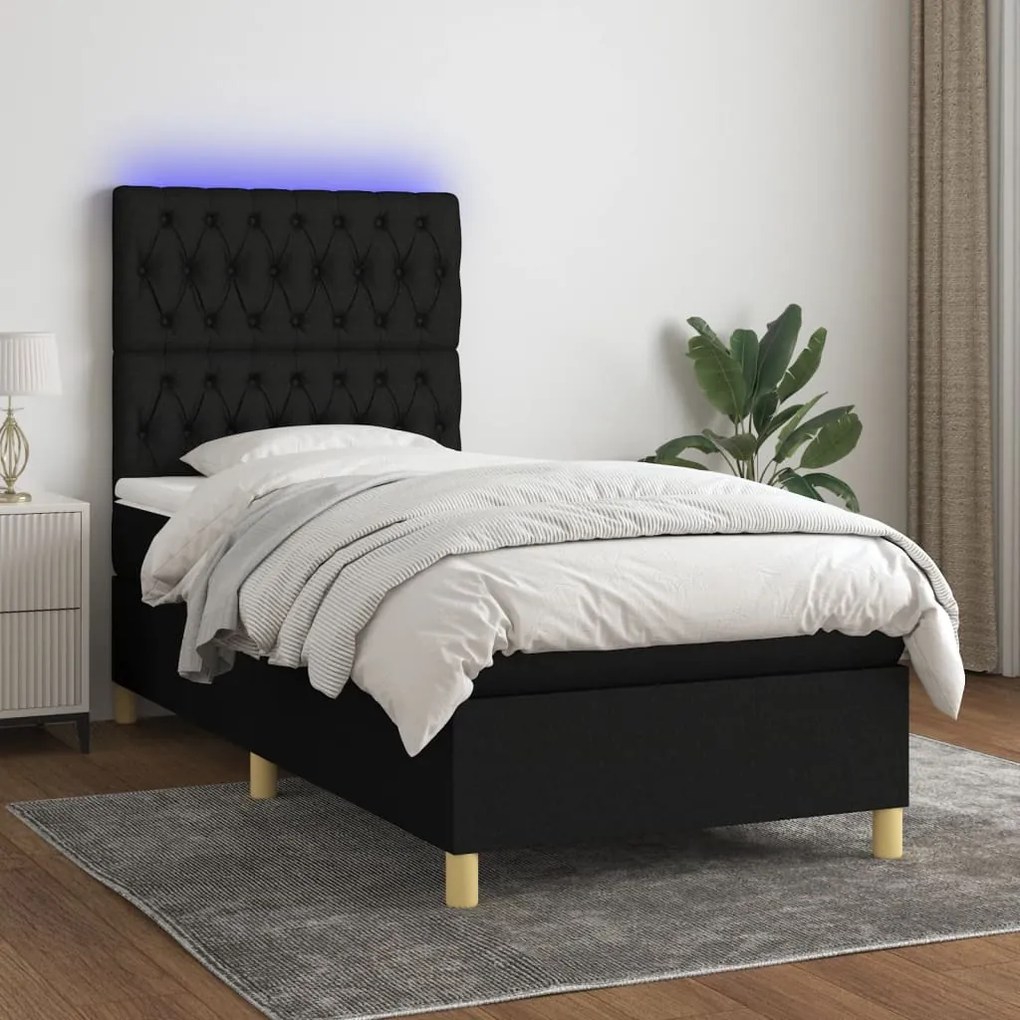 Κρεβάτι Boxspring με Στρώμα &amp; LED Μαύρο 90x190 εκ. Υφασμάτινο - Μαύρο