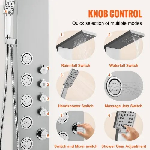 VEVOR Shower Panel System, 4 Shower Modes Shower Panel Tower, Rainfall, Waterfall, 5 Full Body Massage Jets and 3-Setting Handheld Shower Head with 59&quot; Hose, Stainless Steel Wall-Mounted Shower Set