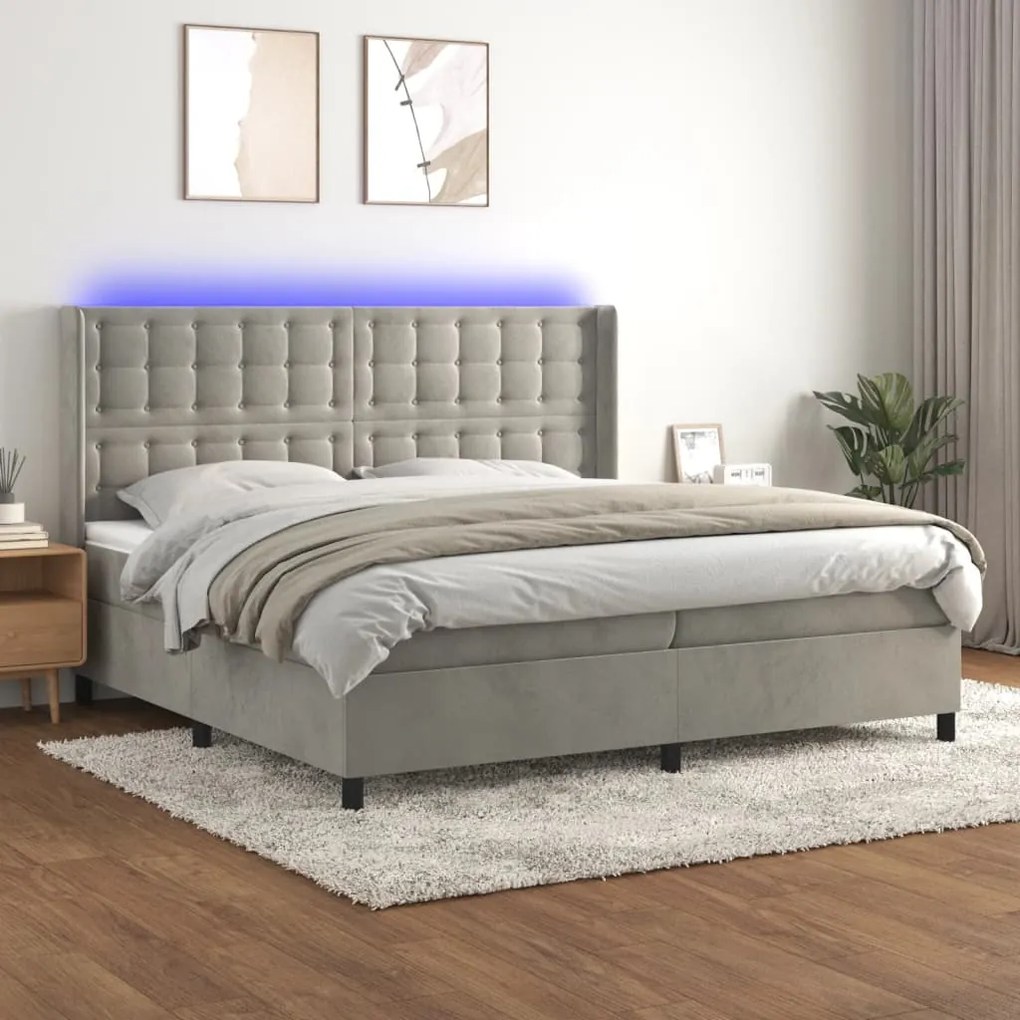 Κρεβάτι Boxspring με Στρώμα &amp; LED Αν.Γκρι 200x200 εκ. Βελούδινο - Γκρι