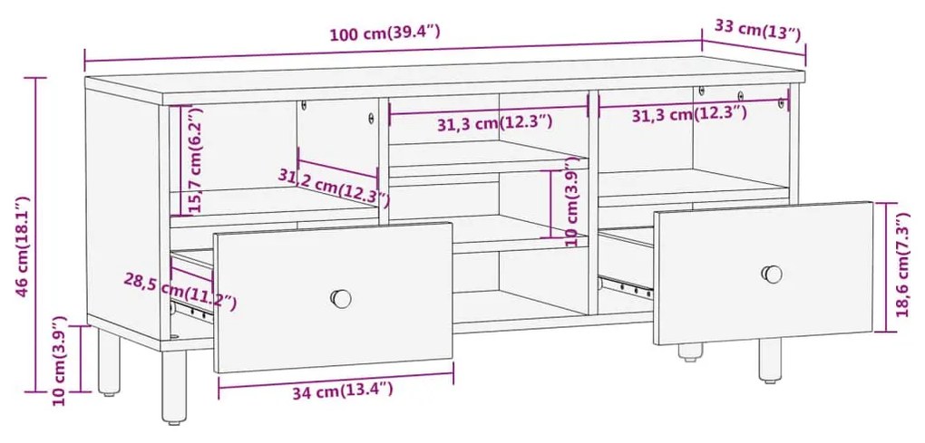 Έπιπλο Τηλεόρασης 100 x 33 x 46 εκ. από Μασίφ Ξύλο Ακακίας - Καφέ