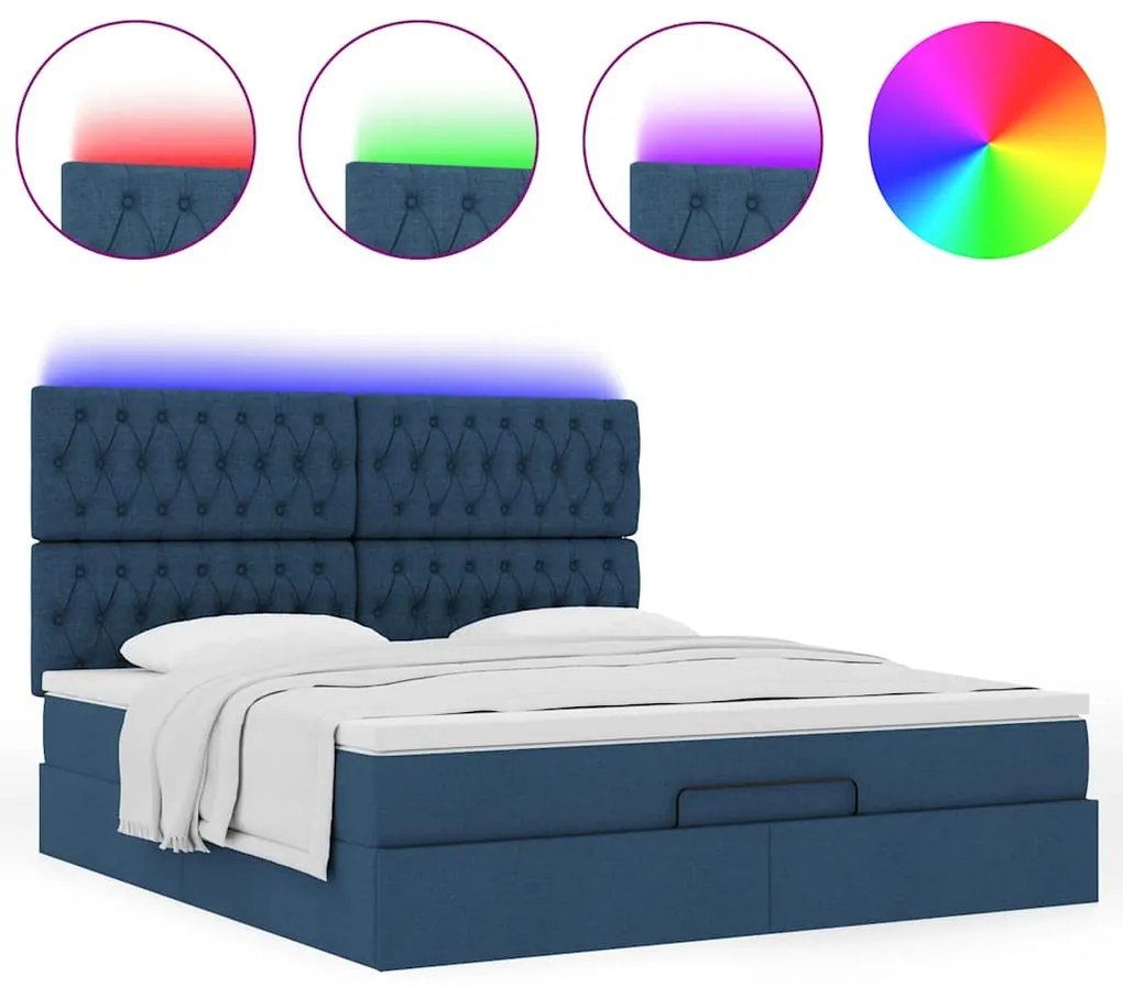 vidaXL Οθωμανικό κρεβάτι με στρώμα & LEDs Μπλε 160x200cm ύφασμα